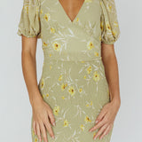 La Nena Shirred Mini Dress Floral Green