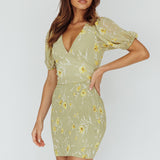 La Nena Shirred Mini Dress Floral Green