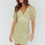 La Nena Shirred Mini Dress Floral Green