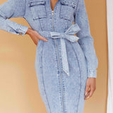 California Girl Long Sleeve Waist Tie Dress Blue