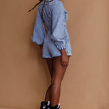 California Girl Lantern Sleeve Waist Tie Romper Blue