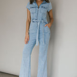 California Girl Short Sleeve Waist Tie Jumpsuit Denim Blue