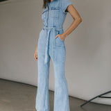 California Girl Short Sleeve Waist Tie Jumpsuit Denim Blue