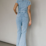 California Girl Short Sleeve Waist Tie Jumpsuit Denim Blue