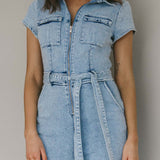 California Girl Short Sleeve Waist Tie Jumpsuit Denim Blue