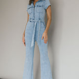 California Girl Short Sleeve Waist Tie Jumpsuit Denim Blue