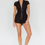 California Girl Short Sleeve Waist Tie Romper Black