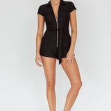 California Girl Short Sleeve Waist Tie Romper Black
