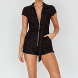 California Girl Short Sleeve Waist Tie Romper Black