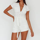 California Girl Short Sleeve Waist Tie Romper White
