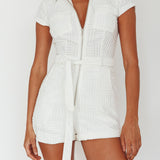 California Girl Short Sleeve Waist Tie Romper White