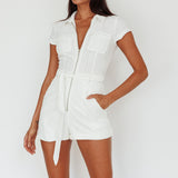California Girl Short Sleeve Waist Tie Romper White