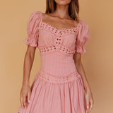 Elowen Lace Trim Puff Sleeve Mini Dress Blush