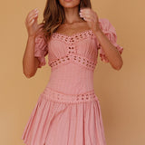 Elowen Lace Trim Puff Sleeve Mini Dress Blush
