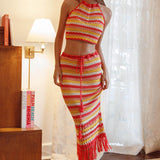 Soul Sister Fringe Hem Crochet Midi Skirt Red