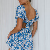 Buongiorno Bella Shirred Lace Up Mini Dress Floral Blue