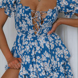 Buongiorno Bella Shirred Lace Up Mini Dress Floral Blue