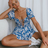 Buongiorno Bella Shirred Lace Up Mini Dress Floral Blue