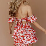 Buongiorno Bella Shirred Lace Up Mini Dress Floral Red