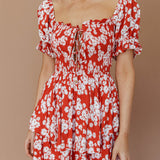 Buongiorno Bella Shirred Lace Up Mini Dress Floral Red