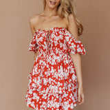 Buongiorno Bella Shirred Lace Up Mini Dress Floral Red