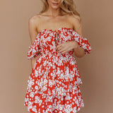 Buongiorno Bella Shirred Lace Up Mini Dress Floral Red