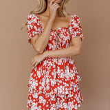 Buongiorno Bella Shirred Lace Up Mini Dress Floral Red