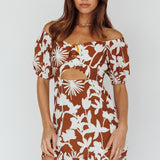 Palm Beach Puff Sleeve Dress Printed Tan