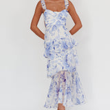 Veda Strappy Back Ruffle Maxi Dress Flowers Blue