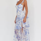 Veda Strappy Back Ruffle Maxi Dress Flowers Blue