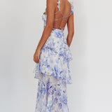 Veda Strappy Back Ruffle Maxi Dress Flowers Blue