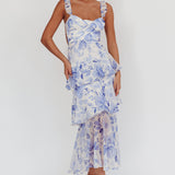 Veda Strappy Back Ruffle Maxi Dress Flowers Blue