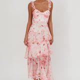 Veda Strappy Back Ruffle Maxi Dress Flowers Blush