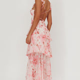 Veda Strappy Back Ruffle Maxi Dress Flowers Blush