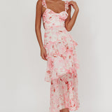 Veda Strappy Back Ruffle Maxi Dress Flowers Blush