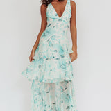Veda Strappy Back Ruffle Maxi Dress Floral Green
