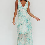 Veda Strappy Back Ruffle Maxi Dress Floral Green