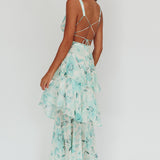 Veda Strappy Back Ruffle Maxi Dress Floral Green