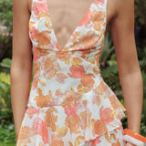 Veda Strappy Back Ruffle Mini Dress Floral Orange
