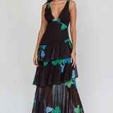 Veda Strappy Back Ruffle Maxi Dress Black