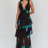 Veda Strappy Back Ruffle Maxi Dress Black