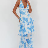 Veda Strappy Back Ruffle Maxi Dress Roses Blue
