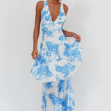 Veda Strappy Back Ruffle Maxi Dress Roses Blue