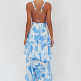 Veda Strappy Back Ruffle Maxi Dress Roses Blue