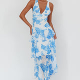 Veda Strappy Back Ruffle Maxi Dress Roses Blue