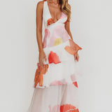 Veda Strappy Back Ruffle Maxi Dress Flowers Pink