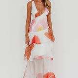 Veda Strappy Back Ruffle Maxi Dress Flowers Pink