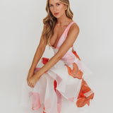 Veda Strappy Back Ruffle Maxi Dress Flowers Pink