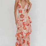 Veda Strappy Back Ruffle Maxi Dress Poppies Red
