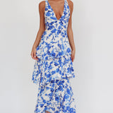 Veda Strappy Back Ruffle Maxi Dress Floral Blue